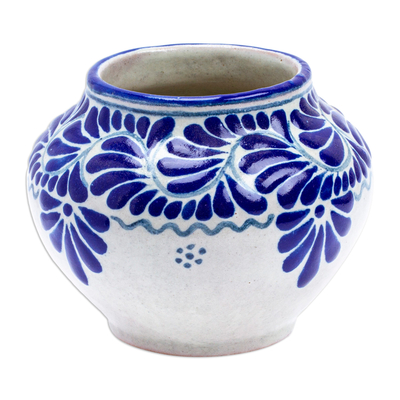 Maceta de cerámica - Macetero de cerámica estilo talavera con hojas y flores pintado a mano