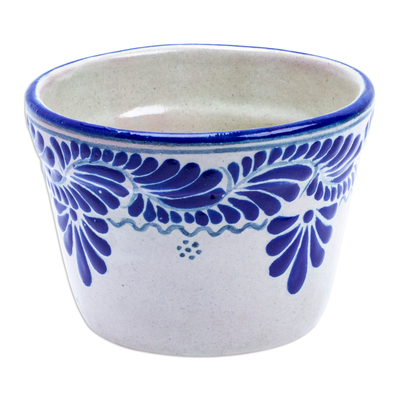 Ceramic flower pot, 'Puebla Bloom' - Talavera-Style Ceramic Planter with Leaf and Flower Motifs