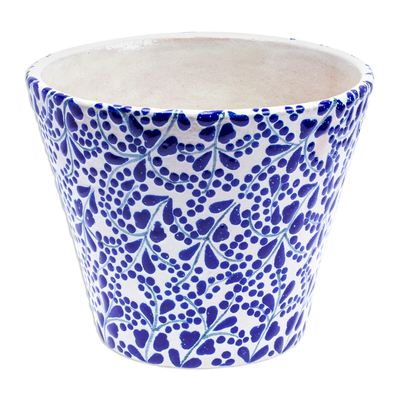 Blumentopf aus Keramik - Handbemalter Keramik-Übertopf im Talavera-Stil mit Blattmotiven