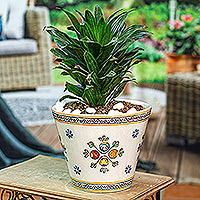 Ceramic flower pot, 'Talavera Buds' - Hand-Painted Talavera-Style Flower Bud Ceramic Planter