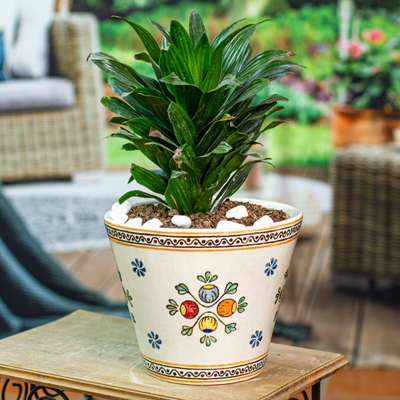 Ceramic flower pot, 'Talavera Buds' - Hand-Painted Talavera-Style Flower Bud Ceramic Planter