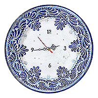 Ceramic wall clock, 'Talavera Time' - Hand-Painted Blue Talavera-Style Ceramic Wall Clock