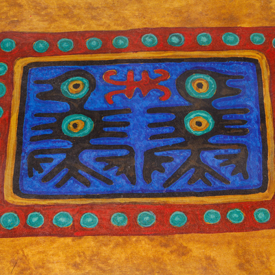 Giclee print, 'Pre-Columbian Cuautitlan' - Folk Art Ink on Paper Giclee Print of Ancient Icons in Blue