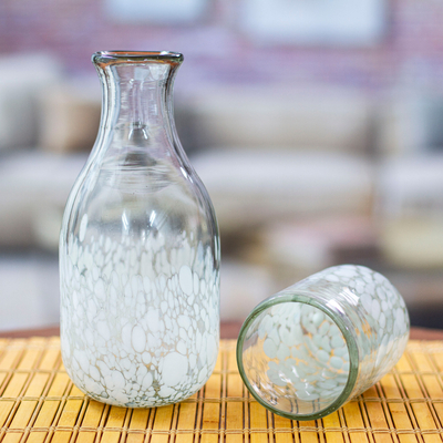 Handblown recycled glass carafe and glass set, 'White Spots' (pair) - Handblown Recycled Glass Carafe and Cup Set in White (Pair)