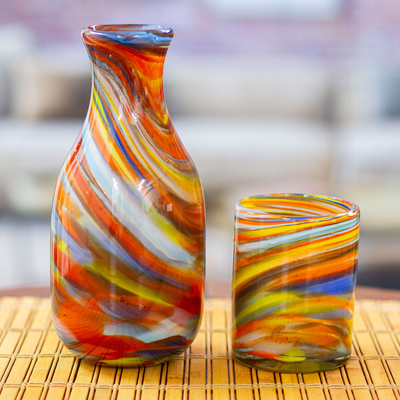 Set of Handblown Recycled Glass Carafe with Matching Cup, 'Whirling Colors