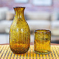 Handblown recycled glass carafe and glass set, 'Textured Amber' (pair) - Amber Handblown Recycled Glass Carafe and Cup Set (Pair)