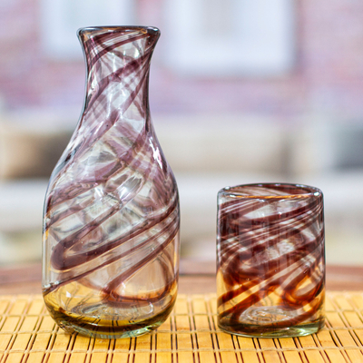 Brown Handblown Recycled Glass Carafe and Cup Set (Pair), 'Hypnotic Brown