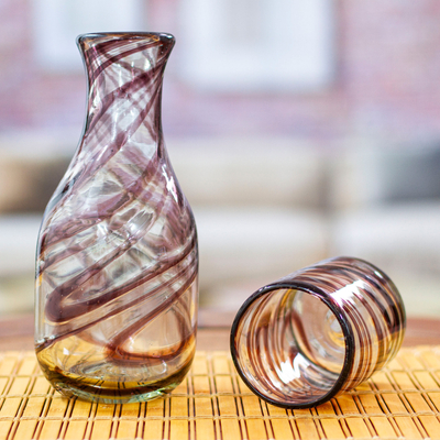 Handblown recycled glass carafe and glass set, 'Hypnotic Brown' (pair) - Brown Handblown Recycled Glass Carafe and Cup Set (Pair)