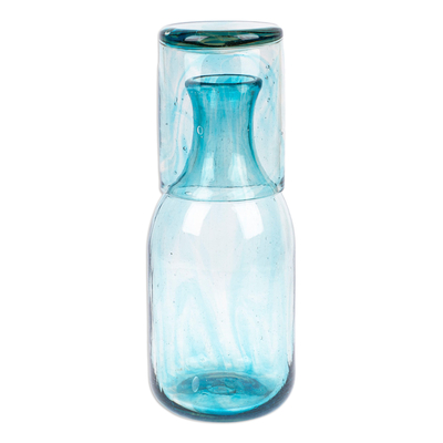 Aqua Handblown Recycled Glass Carafe and Cup Set (Pair) - Delicate Aqua