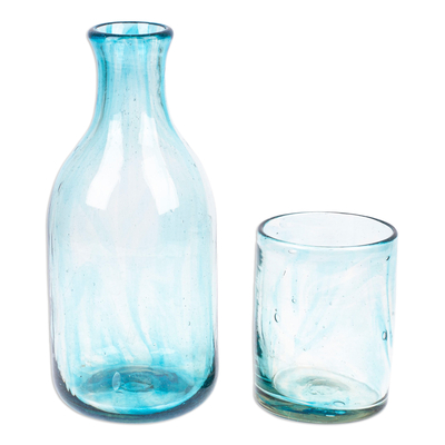 Handblown recycled glass carafe and glass set, 'Delicate Aqua' (set) - Aqua Handblown Recycled Glass Carafe and Cup Set (set)