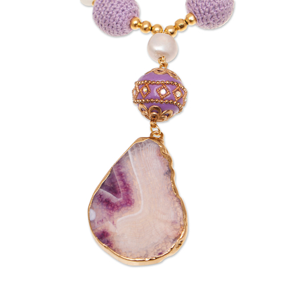 Gold-accented multi-gemstone beaded pendant necklace, 'Lavender Illusions' - 24k Gold-Accented Purple and White Multi-Gemstone Necklace