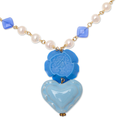 Gold-accented cultured pearl and calcite pendant necklace, 'My Sky Heart' - Floral and Heart-Themed Gold-Accented Blue Pendant Necklace