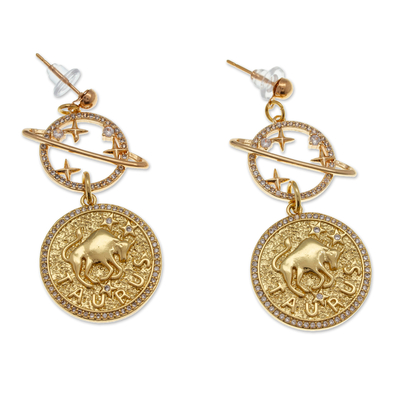 Gold-plated dangle earrings, 'Taurus Galaxy' - Cosmos-Themed 24k Gold-Plated Brass Taurus Dangle Earrings