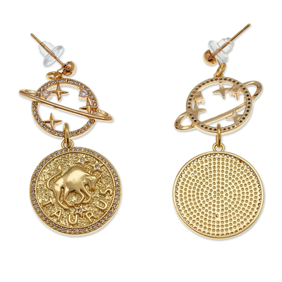 Gold-plated dangle earrings, 'Taurus Galaxy' - Cosmos-Themed 24k Gold-Plated Brass Taurus Dangle Earrings