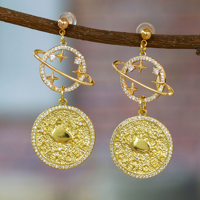 Gold-plated dangle earrings, 'Cancer Galaxy' - Cosmos-Themed 24k Gold-Plated Brass Cancer Dangle Earrings