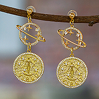 Gold-plated dangle earrings, 'Virgo Galaxy' - Cosmos-Themed 24k Gold-Plated Brass Virgo Dangle Earrings