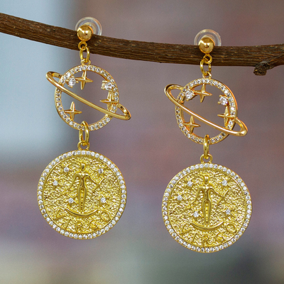 Gold-plated dangle earrings, 'Virgo Galaxy' - Cosmos-Themed 24k Gold-Plated Brass Virgo Dangle Earrings