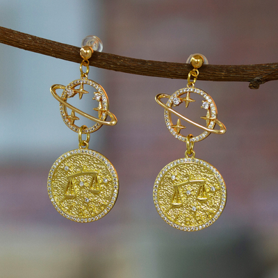 Gold-plated dangle earrings, 'Libra Galaxy' - Gold-Plated Cubic Zirconia Libra Zodiac Sign Dangle Earrings
