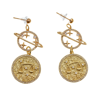 Pendientes colgantes chapados en oro - Pendientes colgantes signo zodiacal libra con circonitas cúbicas bañadas en oro