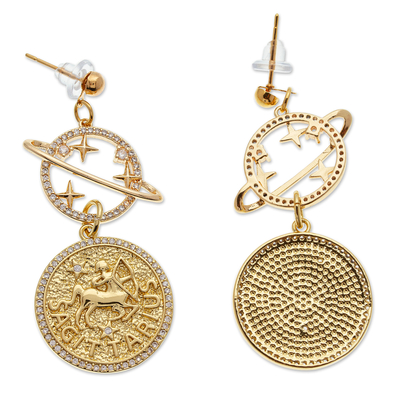 Gold-plated dangle earrings, 'Sagittarius Galaxy' - Cosmos-Themed 24k Gold-Plated Sagittarius Dangle Earrings