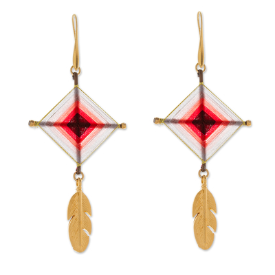 Gold-accented dangle earrings, 'Feathery Cerise Diamonds' - 18k Gold-Accented Cerise Dangle Earrings with Brass Feathers