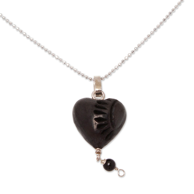 Sterling silver and ceramic pendant necklace, 'Barro Negro Romance' - Floral and Heart-Themed Barro Negro Ceramic Pendant Necklace