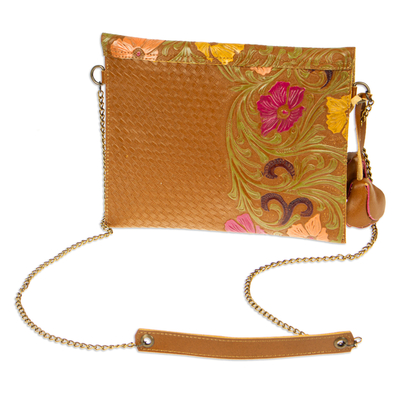 Leather sling, 'Casual Petunia' - Embossed Floral Copper-Toned Leather Sling from Mexico