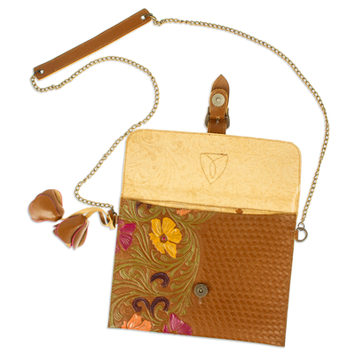 Leather sling, 'Casual Petunia' - Embossed Floral Copper-Toned Leather Sling from Mexico
