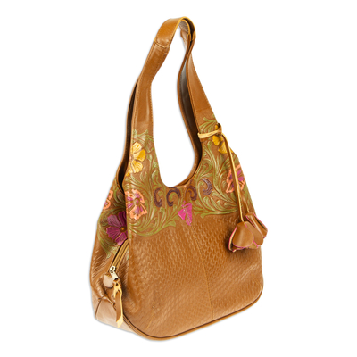 Leather shoulder bag, 'Casual Alyssum' - Embossed Floral Copper-Toned Leather Shoulder Bag
