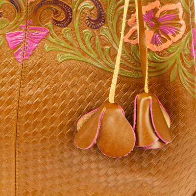 Bolso bandolera de piel - Bolso bandolera de piel grabado floral en tono cobre