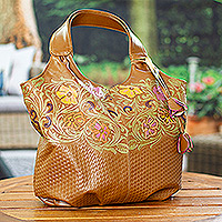 Leather handbag, 'Casual Carnation' - Embossed Floral Copper-Toned Leather Handbag