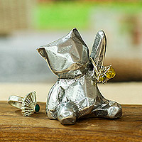 Pewter ring holder, 'Abstract Teddy' - Polished Abstrac Pewter Bear Ring Holder from Mexico