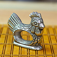Pewter napkin ring, 'Chicken Delight' - Textured Pewter Chicken Napkin Ring Handcrafted in Mexico