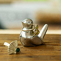 Pewter ring holder, 'Shining Dove' - Modern Polished Pewter Dove Ring Holder from Mexico
