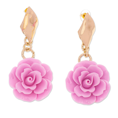 Gold-plated resin dangle earrings, 'The Pink Belle' - Rose-Themed 24k Gold-Plated Resin Dangle Earrings in Pink