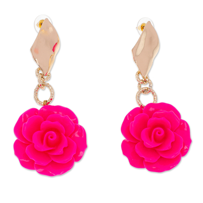 Gold-plated resin dangle earrings, 'The Azalea Belle' - Rose-Themed 24k Gold-Plated Resin Dangle Earrings in Azalea