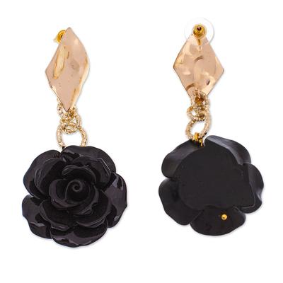 Gold-plated resin dangle earrings, 'The Night Belle' - Rose-Themed 24k Gold-Plated Resin Dangle Earrings in Black