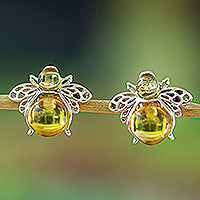 Pendientes de botón de ámbar, 'Bubbly Bee' - Pendientes de botón de abeja de ámbar de plata 925 con detalles calados