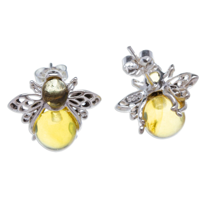 Amber button earrings, 'Bubbly Bee' - 925 Silver Amber Bee Button Earrings with Openwork Accents