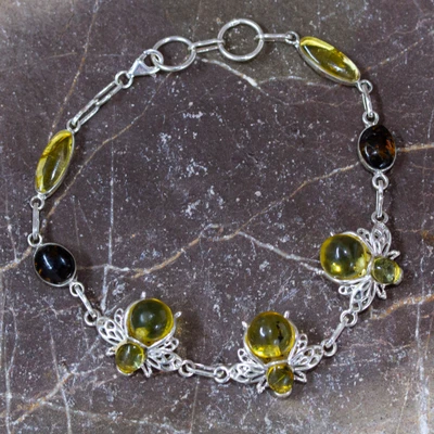 Amber station bracelet, 'Bubbly Bee' - 925 Silver Amber Bee Station Bracelet with Openwork Accents