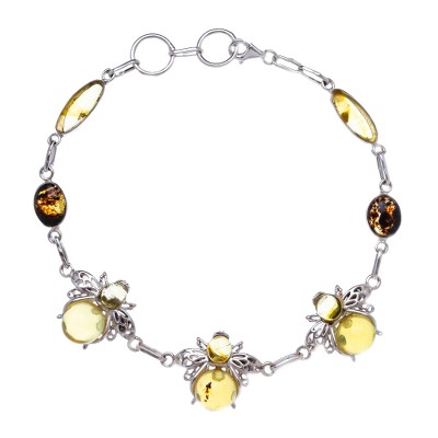 Amber station bracelet, 'Bubbly Bee' - 925 Silver Amber Bee Station Bracelet with Openwork Accents