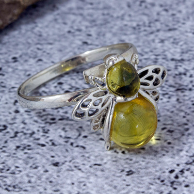 Amber wrap ring, 'Bubbly Bee' - Sterling Silver Amber Bee Wrap Ring with Openwork Accents
