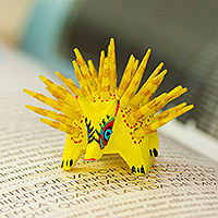 Wood alebrije figurine, 'Cute Porcupine in Yellow' - Hand-Painted Wood Alebrije Porcupine Figurine in Yellow