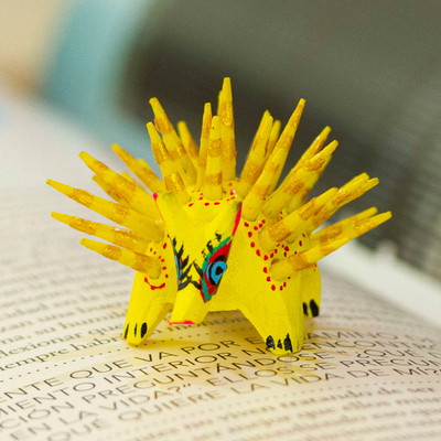 Wood alebrije figurine, 'Cute Porcupine in Yellow' - Hand-Painted Wood Alebrije Porcupine Figurine in Yellow