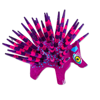 Wood alebrije figurine, 'Cute Porcupine in Purple' - Hand-Painted Wood Alebrije Porcupine Figurine in Purple