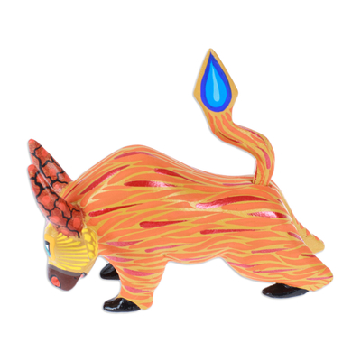 Wood alebrije figurine, 'Flaming Force' - Hand-Painted Orange and Red Flaming Alebrije Bull Figurine