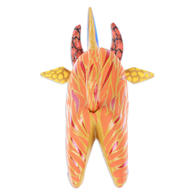 Wood alebrije figurine, 'Flaming Force' - Hand-Painted Orange and Red Flaming Alebrije Bull Figurine