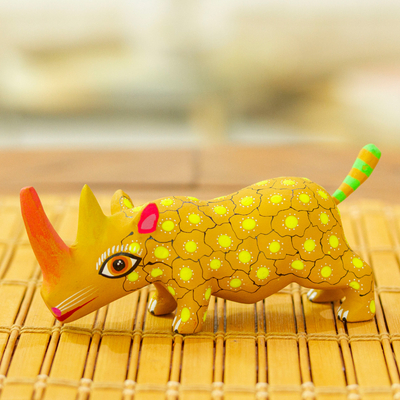 Wood alebrije figurine, 'Cute Rhino in Yellow' - Hand-Painted Wood Alebrije Rhino Figurine in Yellow
