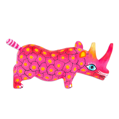 Wood alebrije figurine, 'Cute Rhino in Pink' - Mexican Hand-Painted Wood Alebrije Rhino Figurine in Pink