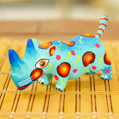 Wood alebrije figurine, 'Cute Rhino in Aqua' - Mexican Hand-Painted Wood Alebrije Rhino Figurine in Aqua